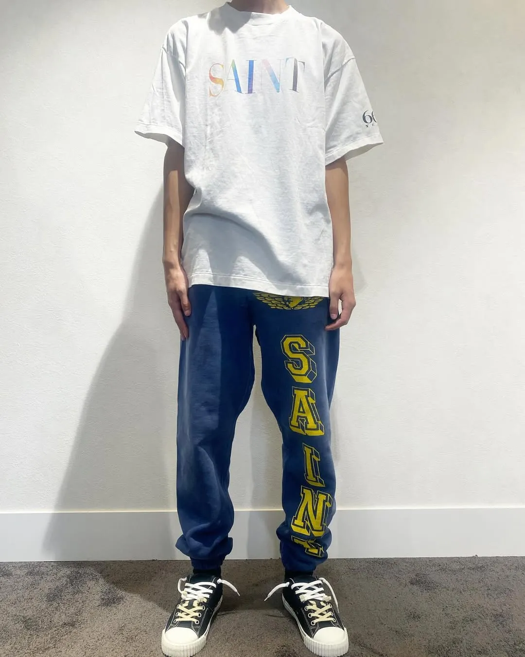 SAINT M×××××× ANGEL SWEATER PANTS/NAVY Angel Reborn Blue Sweatpants Washed Blue S-XL Assute Garment Dyeing Full Clothes Water Fading Dirty and Distressed New Vintage Ceiling God Cut Original Same Style